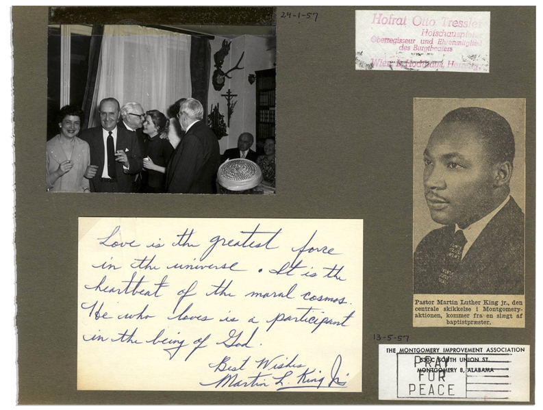 Outstanding Martin Luther King, Jr. Handwritten Signed Quote: ''Love is the greatest force in the universe...He who loves is a participant in the being of God'' -- With University Archives COA